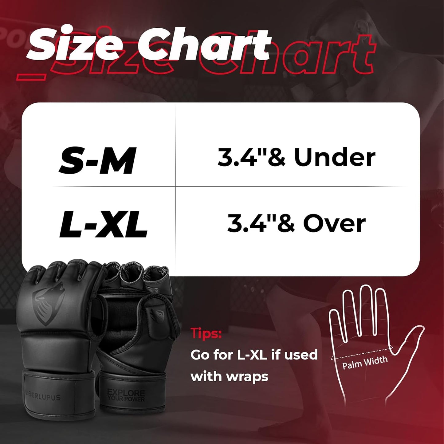 LIBERLUPUS MMA Gloves for Men– Open Palm Training Gloves for Grappling, Kickboxing, Muay Thai, Light Sparring, Youth Self-Defense, Heavy Bag Workouts – Durable Synthetic Leather with Wrist Support