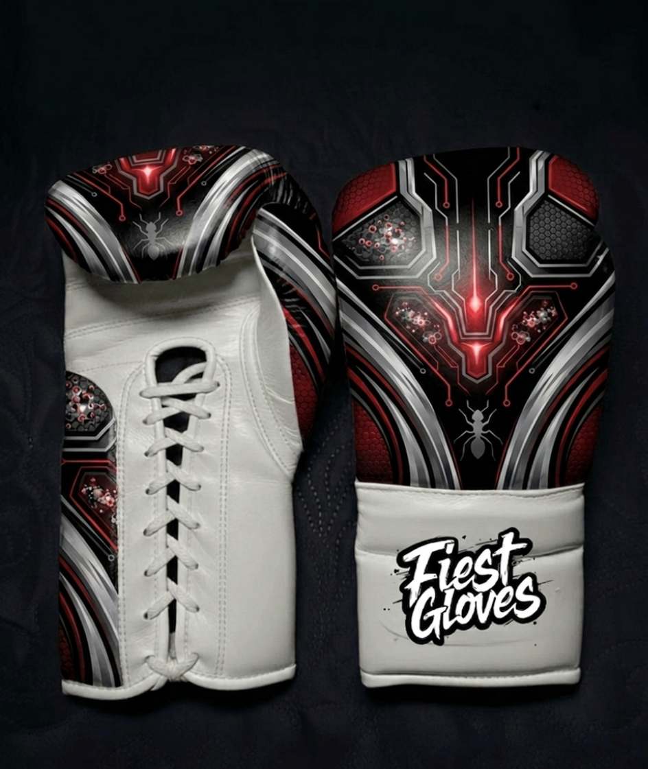 Ant-Man inspired quantum armor boxing gloves featuring a red and silver futuristic.