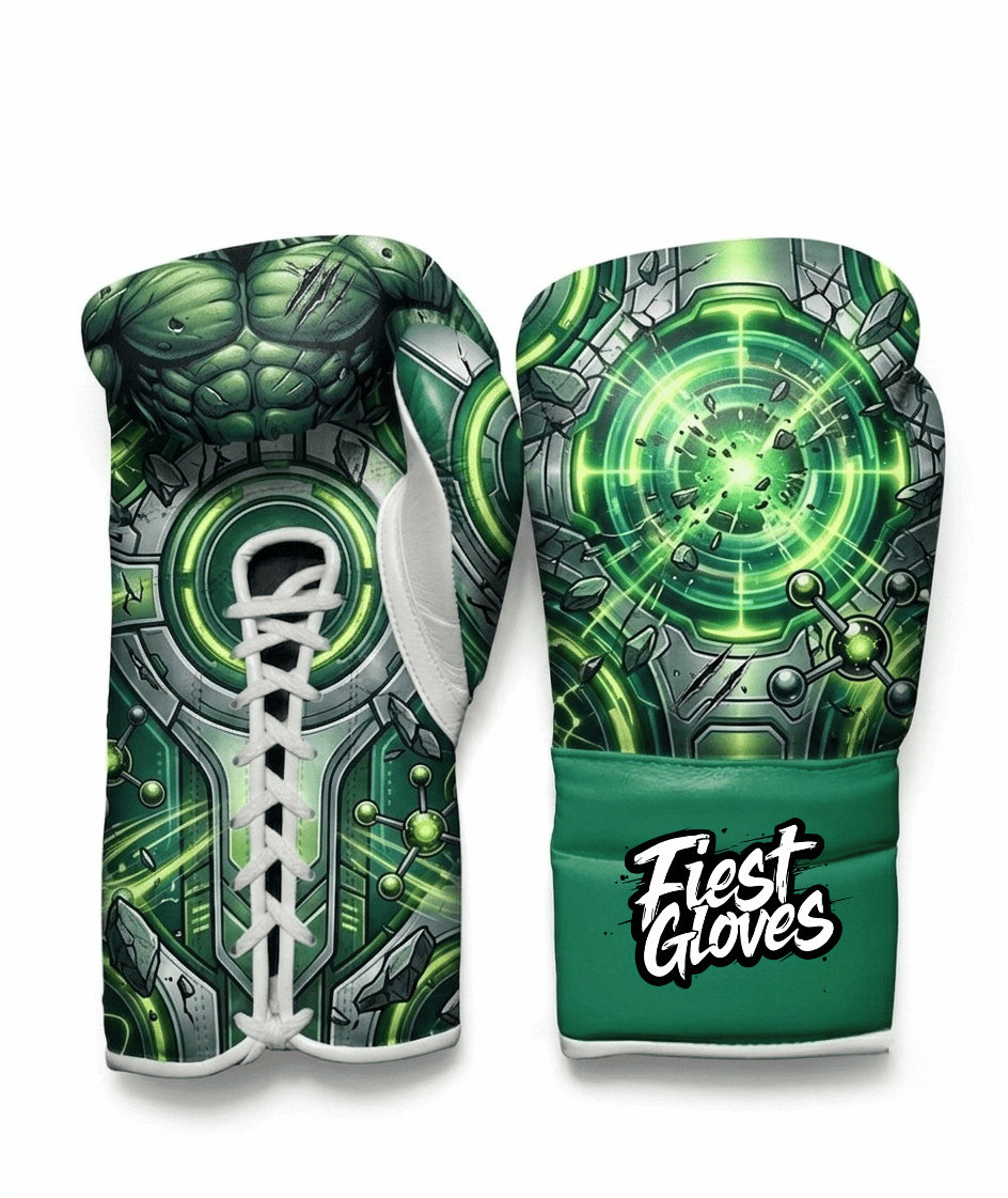 Hulk inspired Gamma Beast boxing gloves with emerald green armor graphics, cracked rock textures, and matching green cuff on a white background.