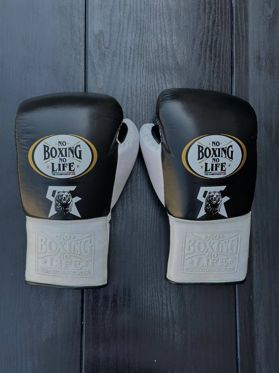 No Boxing No Life Gloves Black/White Curved Leather Gloves Back View