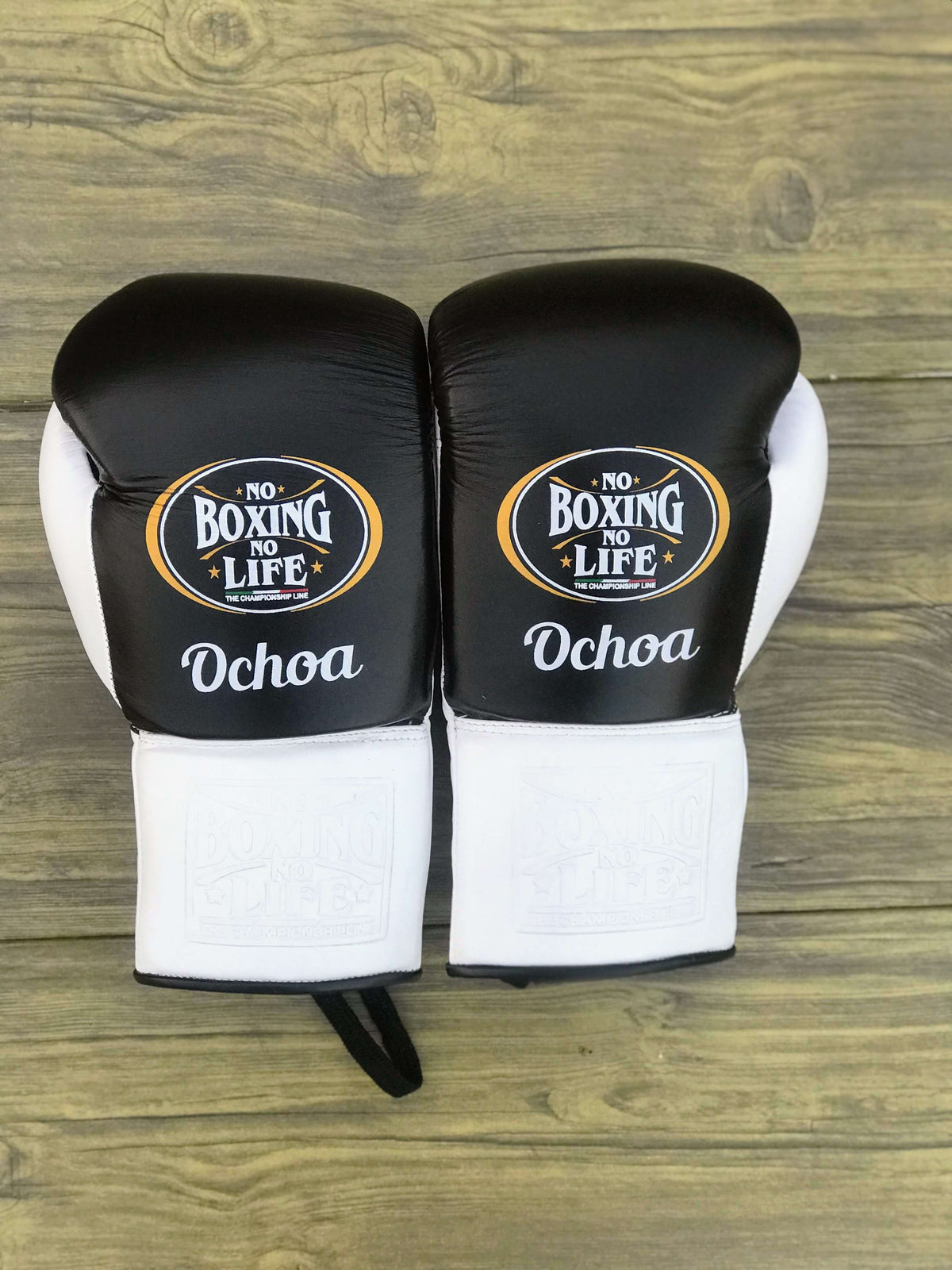 No Boxing No Life Gloves Black/White Leather Training Gloves Back View