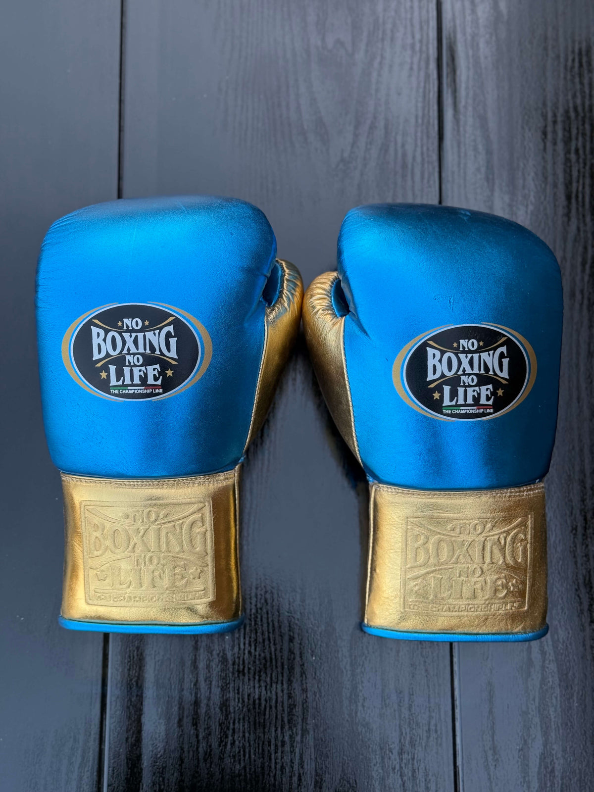 No Boxing No Life Gloves Blue/Gold Padded Leather Training Gloves Back View