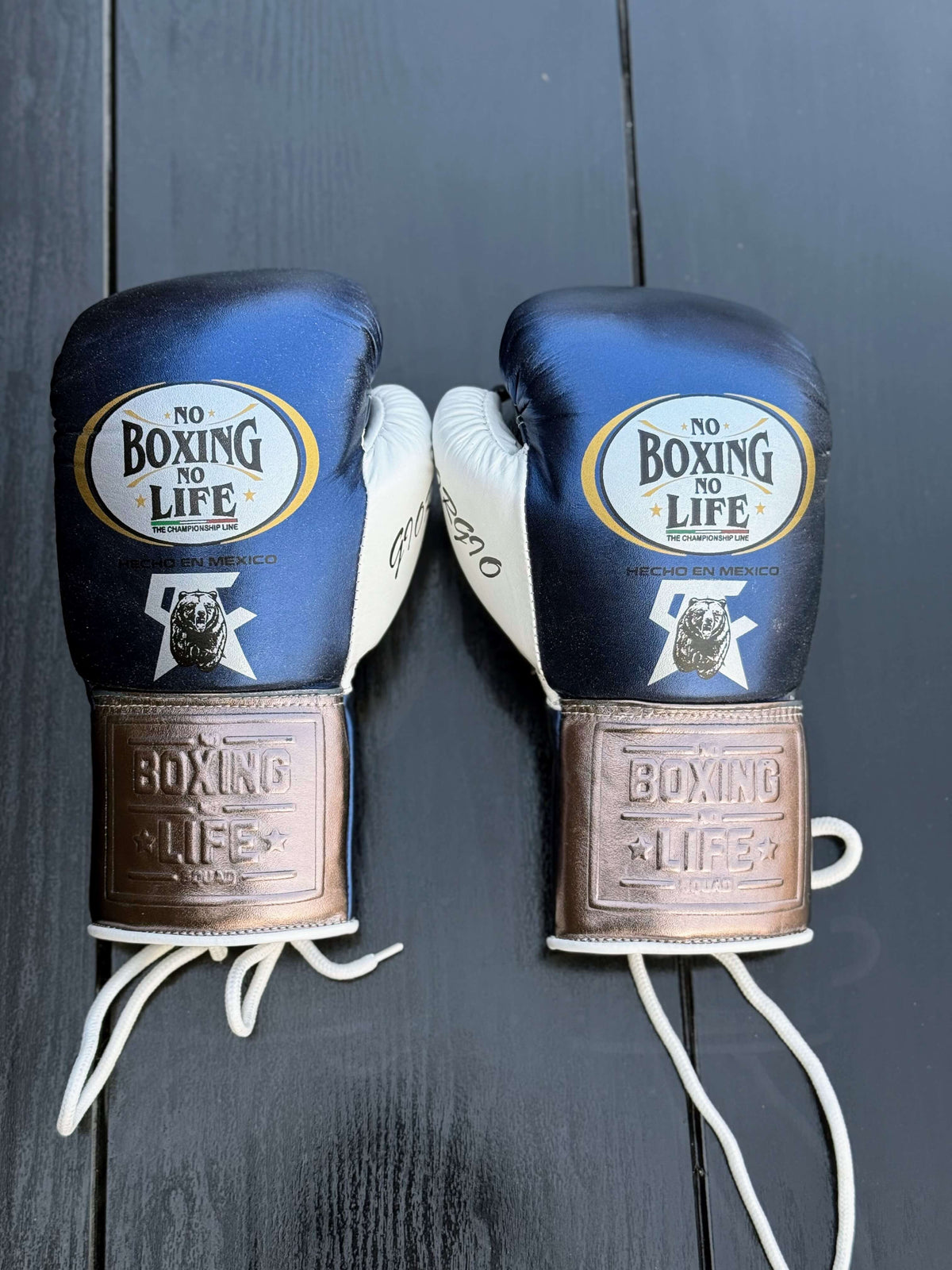 No Boxing No Life Gloves Dark-Blue/Brown/White Leather Gloves Back View