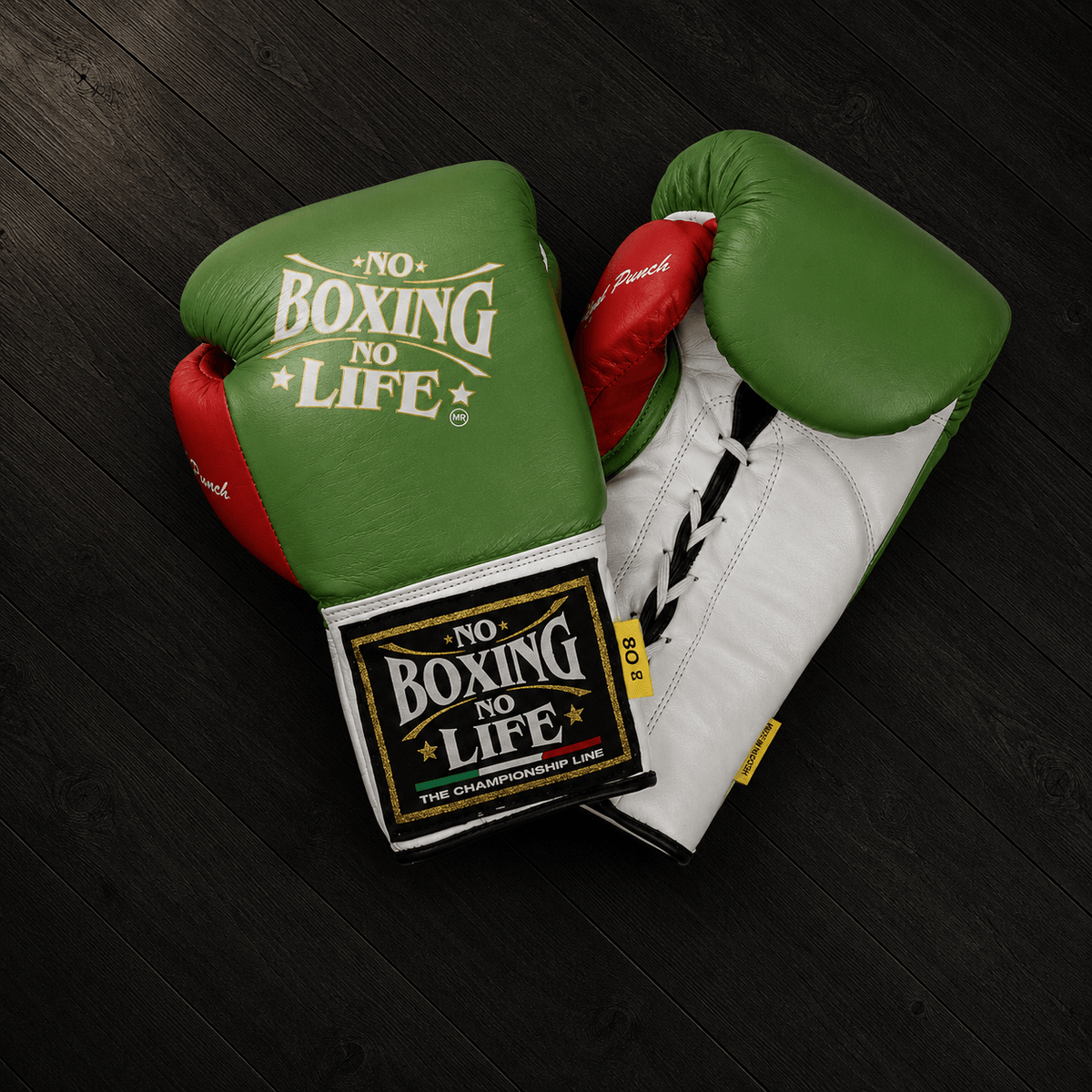 No Boxing No Life Gloves Green/White/Red Padded Leather Gloves for Heavy Bag Work