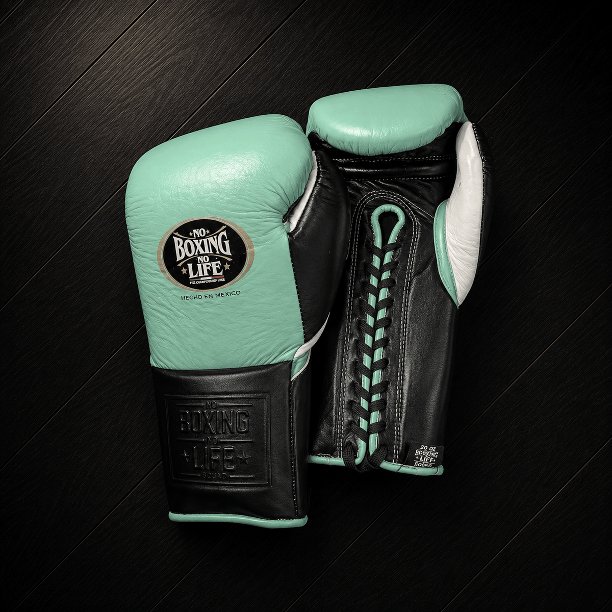 No Boxing No Life Gloves Sea-Green/Black/White Padded Leather Gloves for Heavy Bag Work