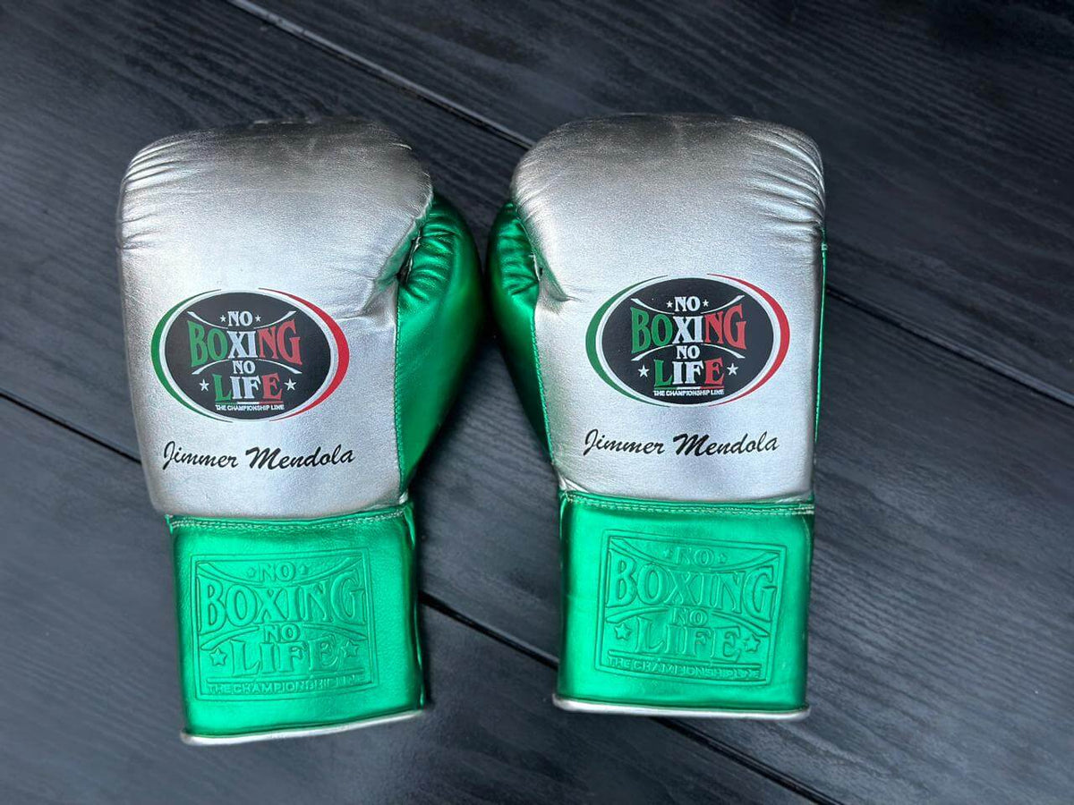 No Boxing No Life Gloves Silver/Green Curved Leather Gloves Back View