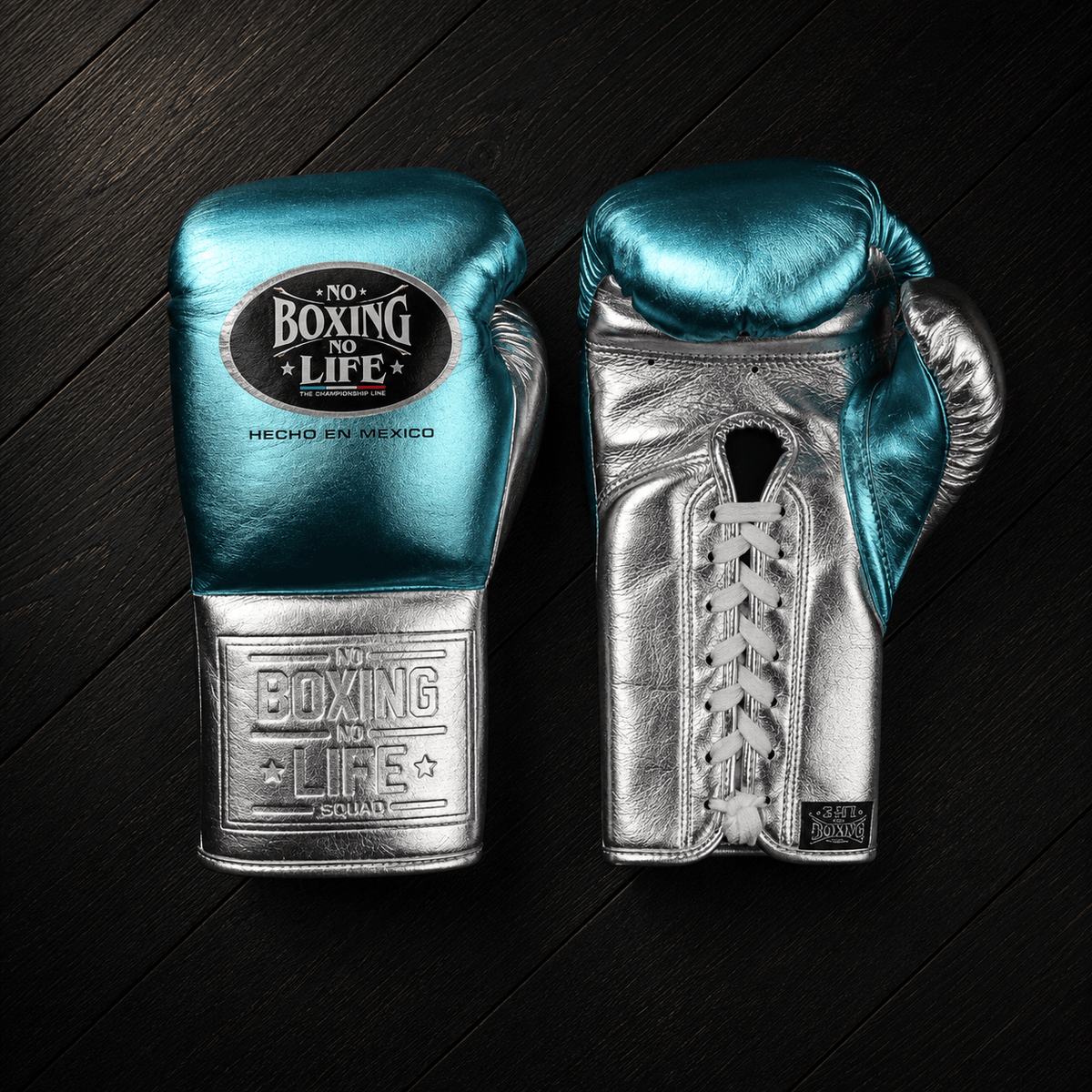 No Boxing No Life Gloves Sky-Blue/Silver Leather Gloves for Intense Sessions