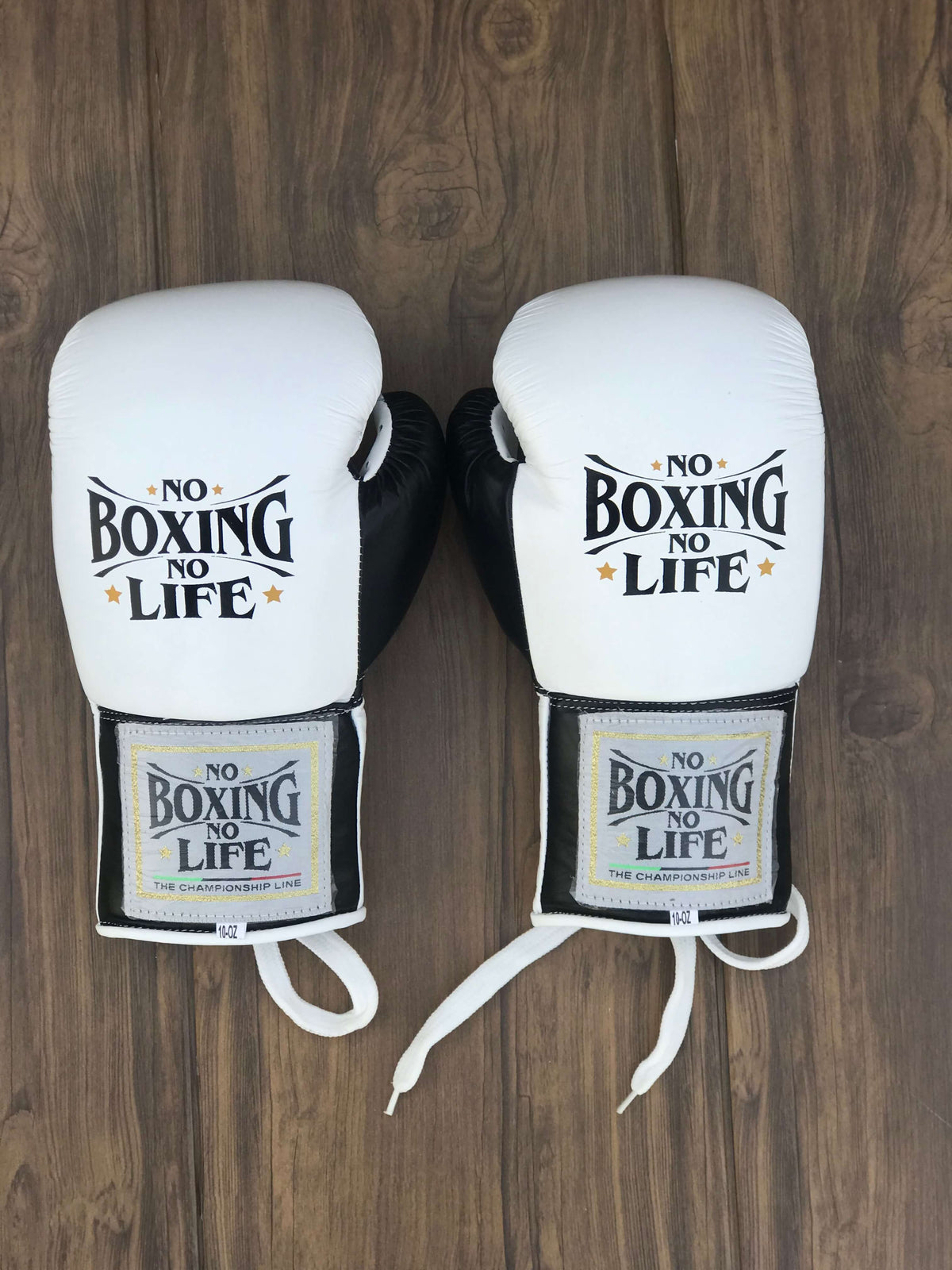 No Boxing No Life Gloves White/Black Lace Up Leather Gloves Back View