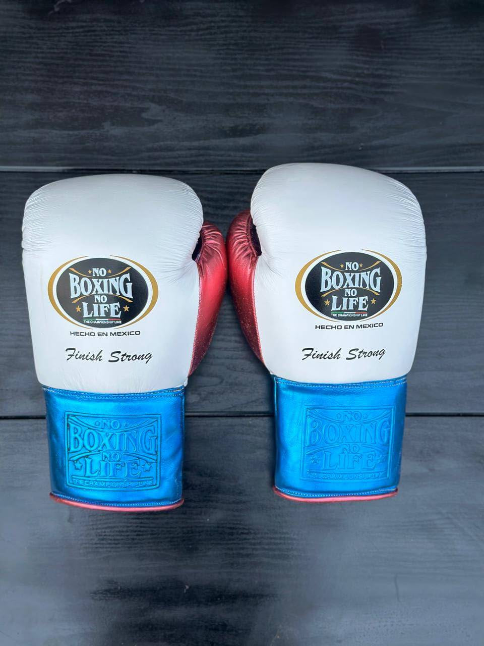 No Boxing No Life Gloves White/Blue/Pink Padded Leather Gloves Back View