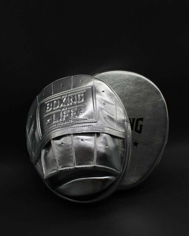 No Boxing No Life Punching Mitts Silver Curved Leather Mitts for Sparring Front View