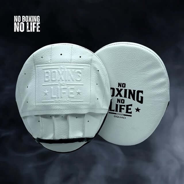 No Boxing No Life Punching Mitts White Leather Mitts with Thick Padding Front View