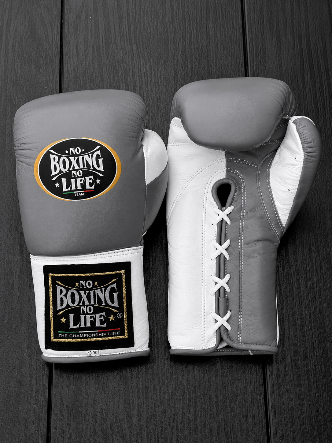 No Boxing No Life Grey/White Boxing Gloves Premium Leather Training Pair
