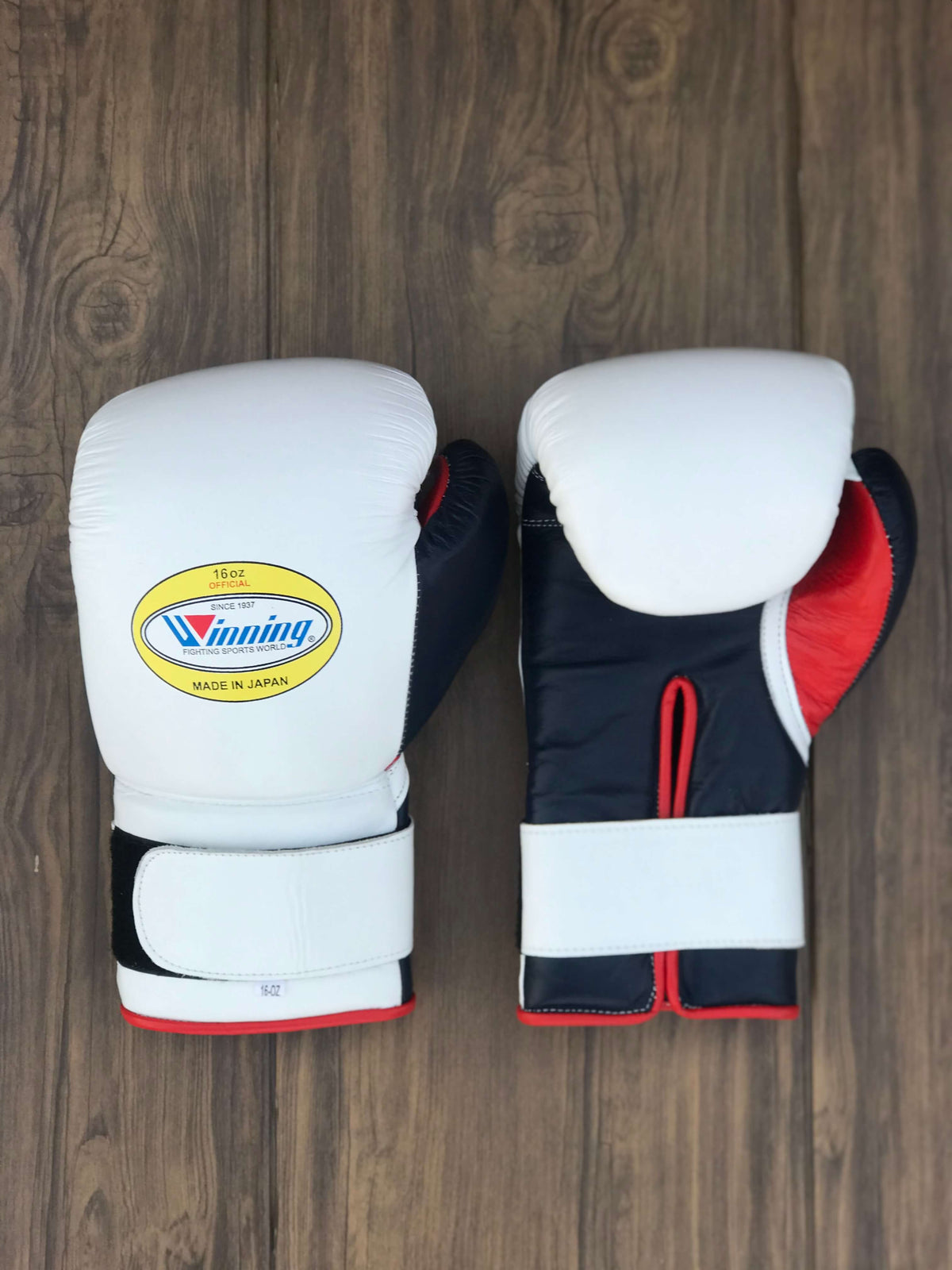 Winning White/Black/Red Velcro Boxing Gloves Classic Training Gloves Front View