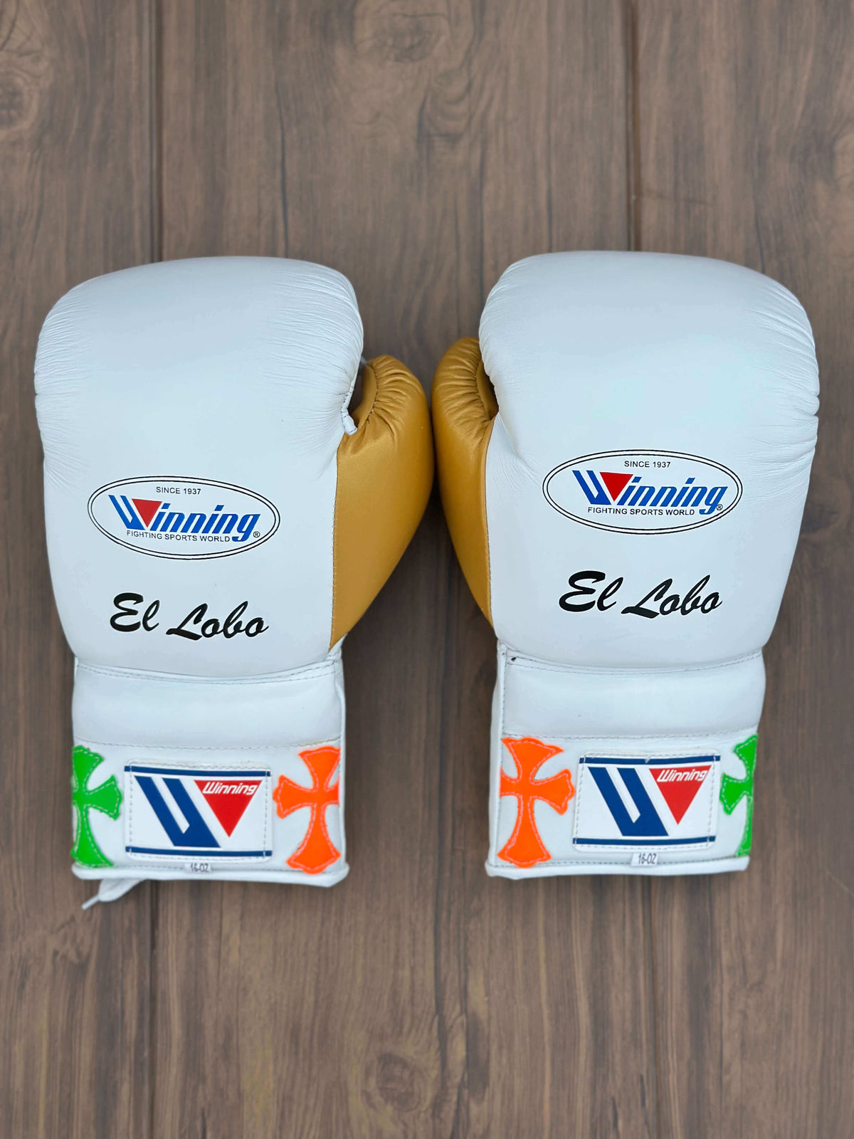 Winning White/Gold 14oz Boxing Gloves Custom Sparring Gloves Back View