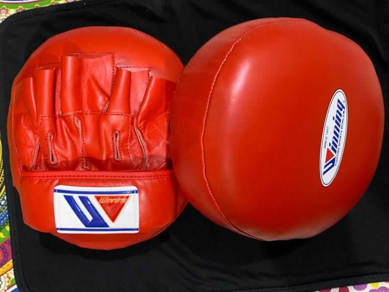 Winning Boxing Mitts Red Leather Focus Mitts for Training Front View