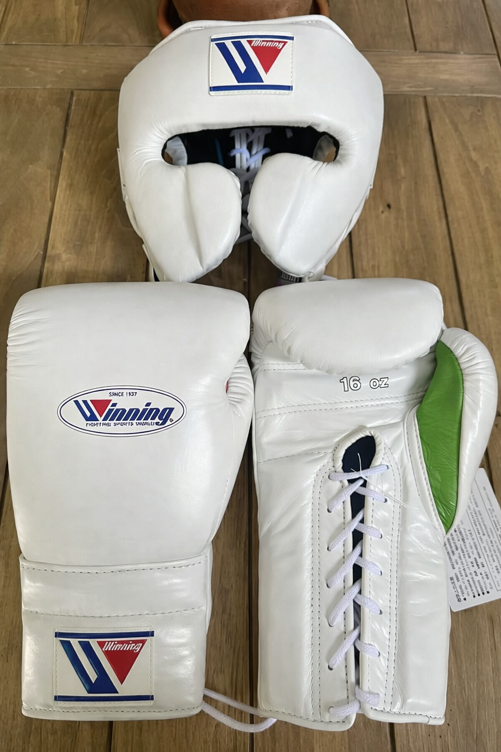 Winning White/Green Boxing Set Custom Training Gloves Bundle