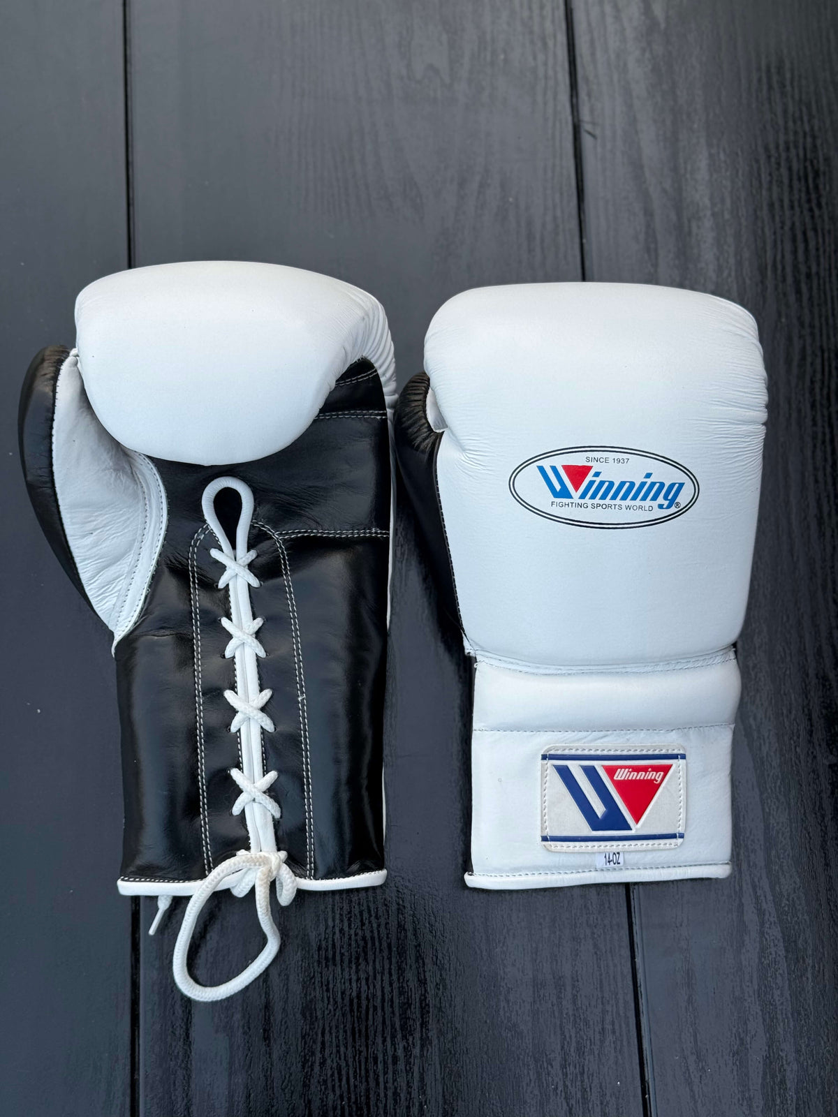 winning boxing gloves white/black front and back view professional boxing gear premium quality