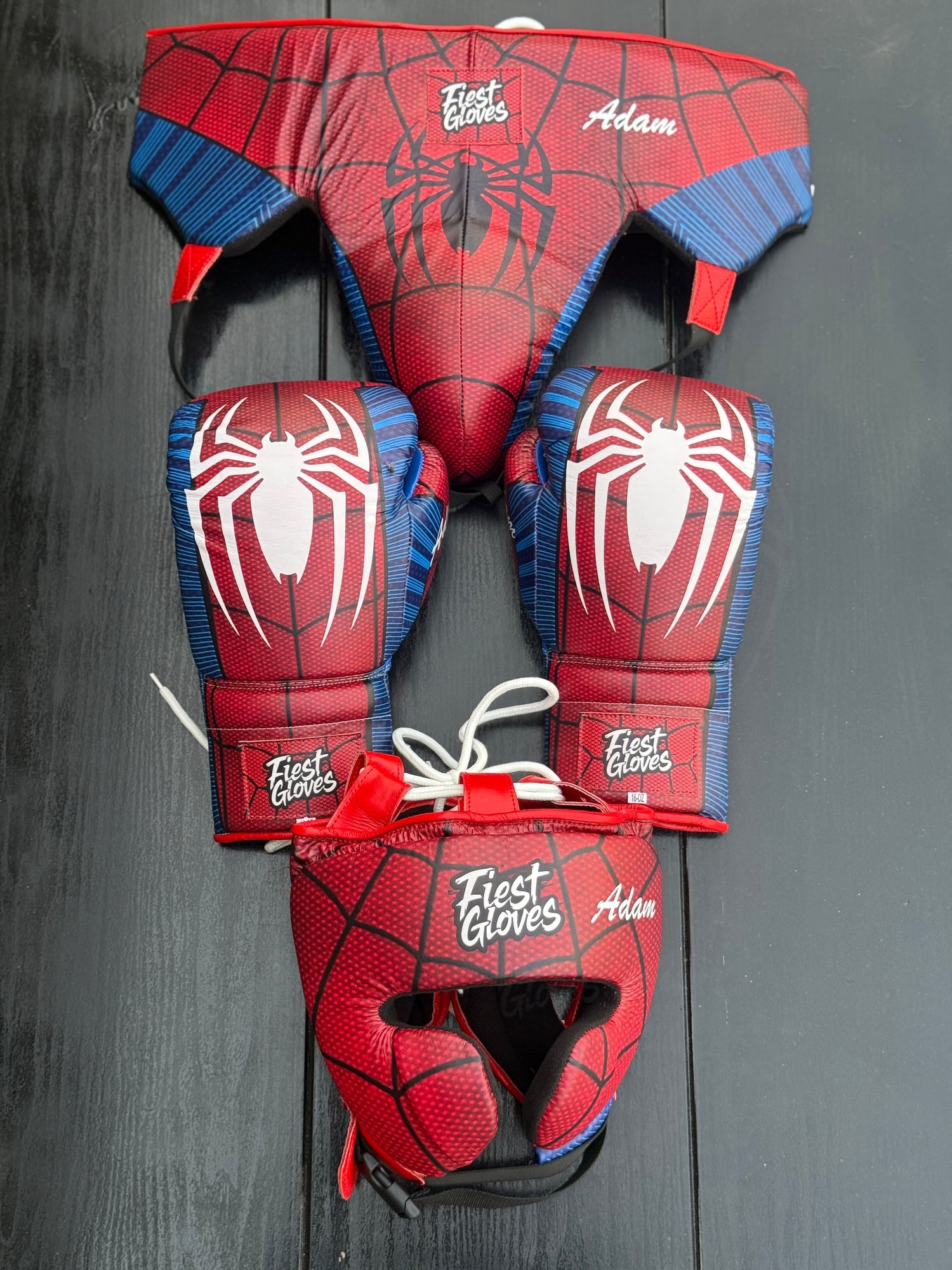 Fiest custom boxing set with boxing gloves, headgear, and groin protector in premium leather