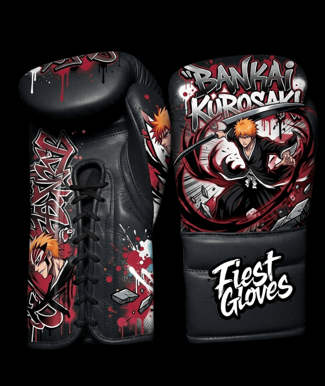 Premium white boxing gloves featuring Bankai Ichigo inspired graffiti artwork with bold anime street art graphics.