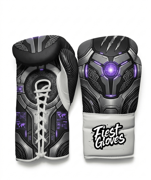 Black Panther inspired Vibranium Shadow boxing gloves with matte black armor graphics, purple energy accents, and metallic purple cuff on a white background.