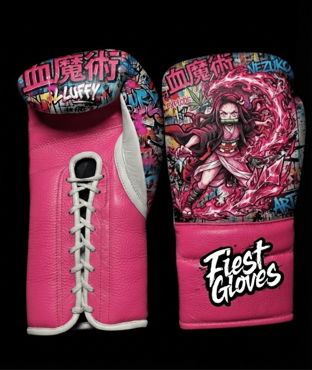 Pink boxing gloves featuring Blood Demon Art inspired graffiti artwork with colorful anime action graphics.