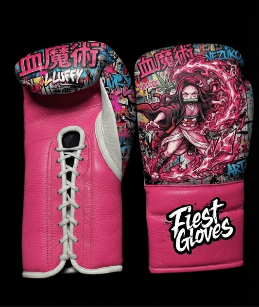 Pink boxing gloves featuring Blood Demon Art inspired graffiti artwork with colorful anime action graphics.