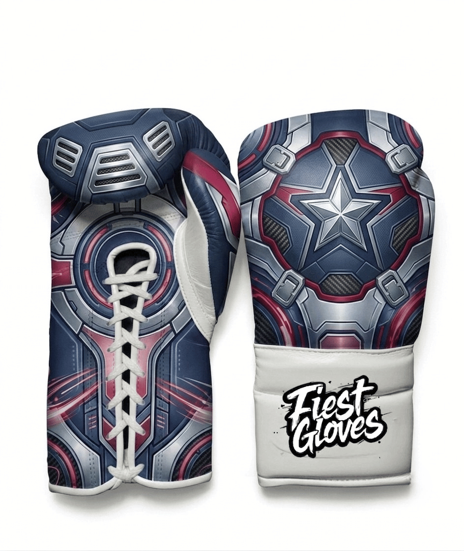 Captain America inspired tactical guardian boxing gloves featuring blue, red, and silver combat graphics with Velcro wrist closure.