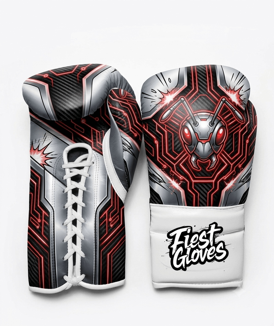 Ant-Man inspired red tech boxing gloves with futuristic armor print and premium wrist support.