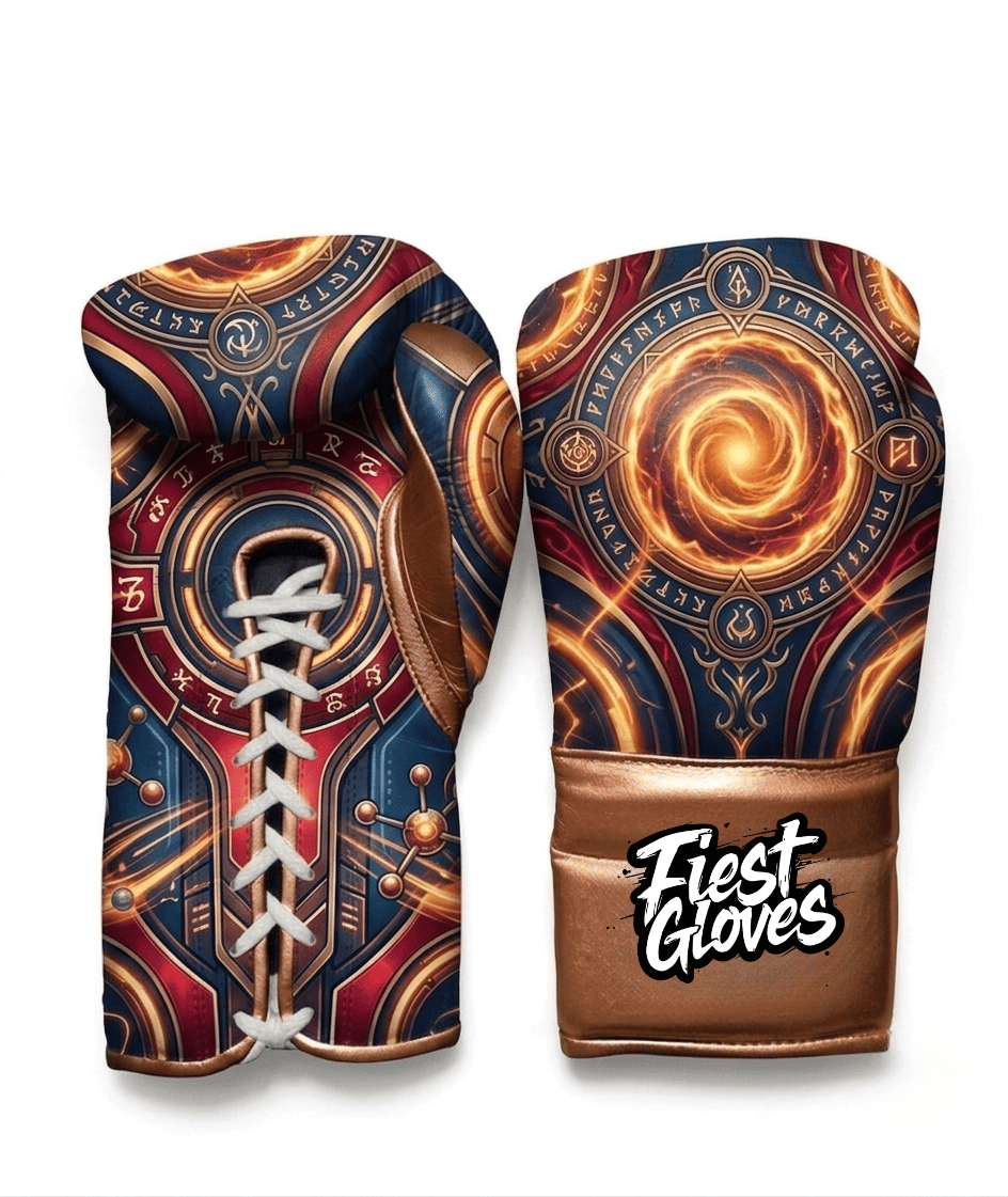 Doctor Strange inspired Ancient Spell boxing gloves with mystical seal graphics, glowing orange energy, and bronze cuff on a white background.