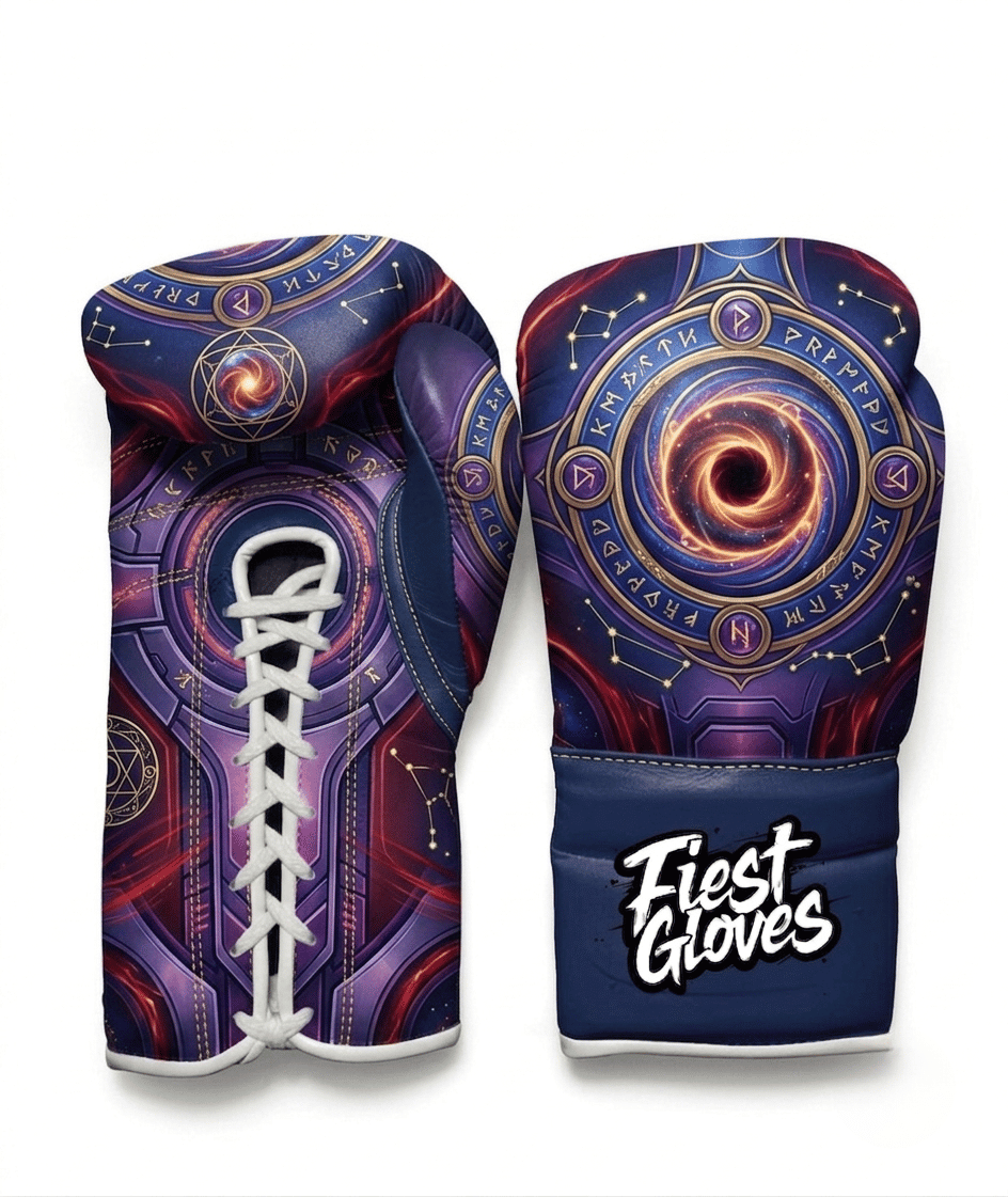 Doctor Strange inspired Cosmic Sorcerer boxing gloves with mystical rune graphics, glowing portal effects, and navy blue cuff.