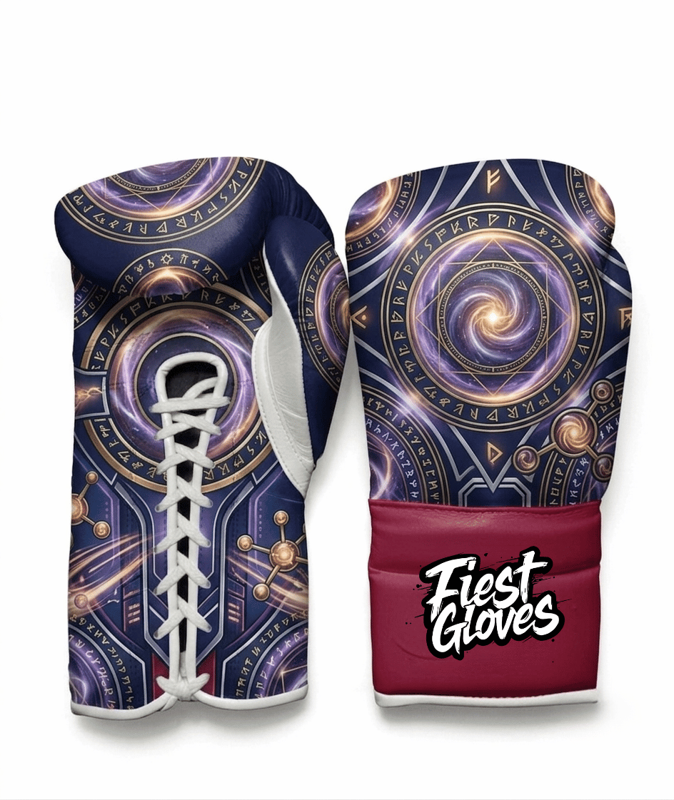 Doctor Strange inspired Dimensional Master boxing gloves with mystical portal graphics, gold accents, and royal crimson cuff on a white background.