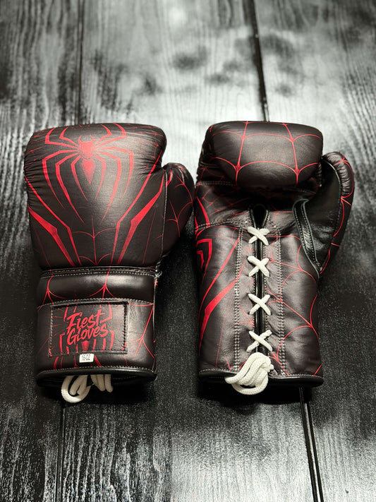 Fiest Winning Style Boxing Gloves Black/Red Curved Leather Gloves Front View