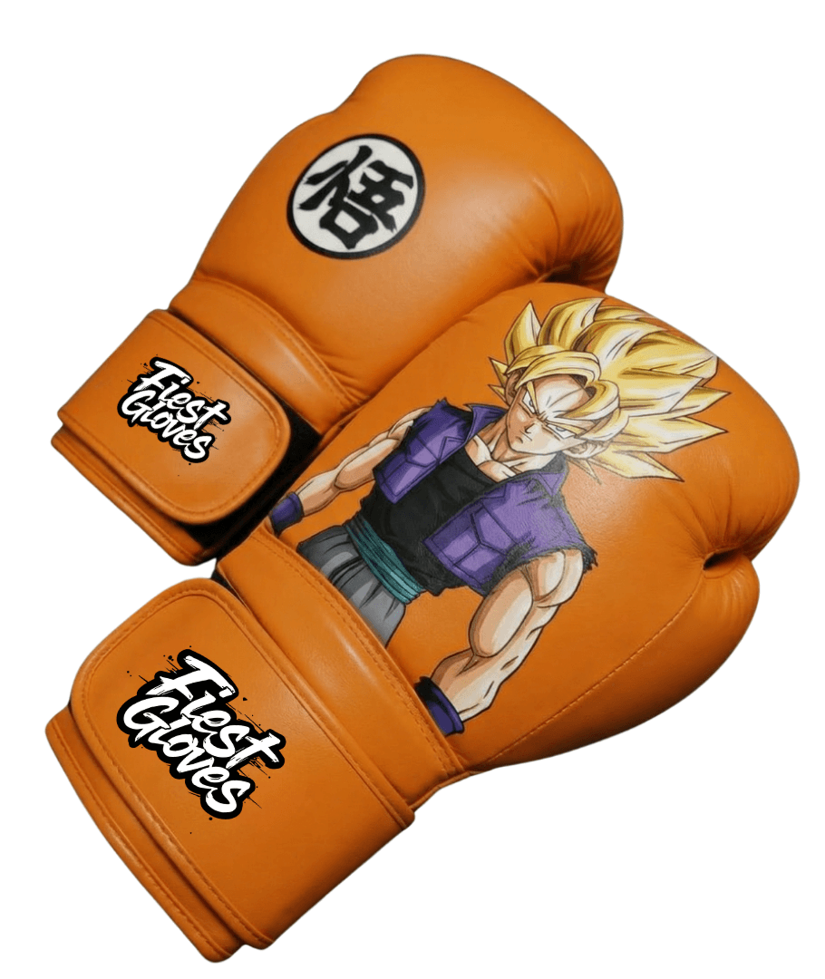 Fiest Winning Style Boxing Gloves Orange/Purple Leather Gloves Close View