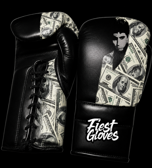 Fiest Winning Style Black Money Style Lace-Up Boxing Gloves Close Up