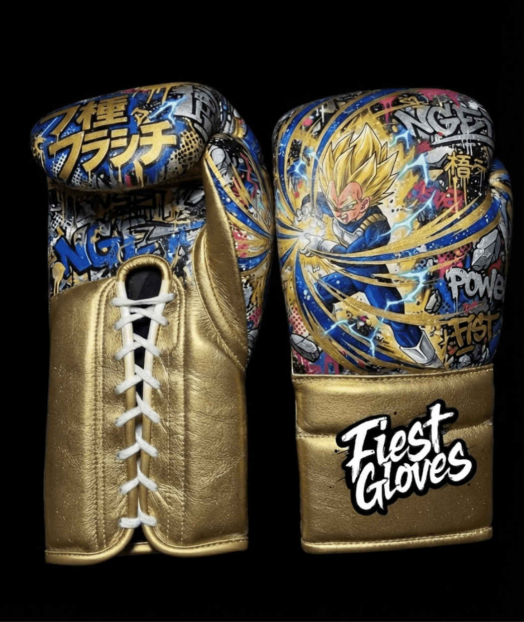 Premium white boxing gloves featuring Final Flash Vegeta inspired graffiti artwork with colorful anime street art design.