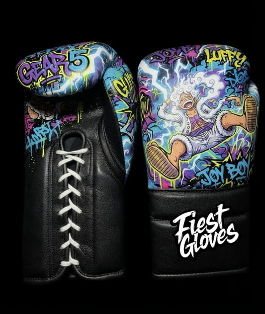 Premium Black boxing gloves featuring Gear 5 Luffy battle inspired graffiti artwork with vibrant anime street art design.