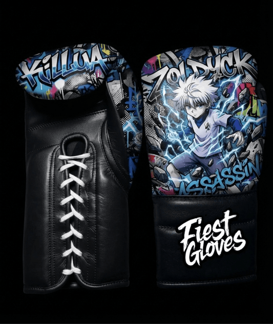 Premium boxing gloves featuring Lightning Assassin inspired graffiti artwork with blue anime street art graphics.