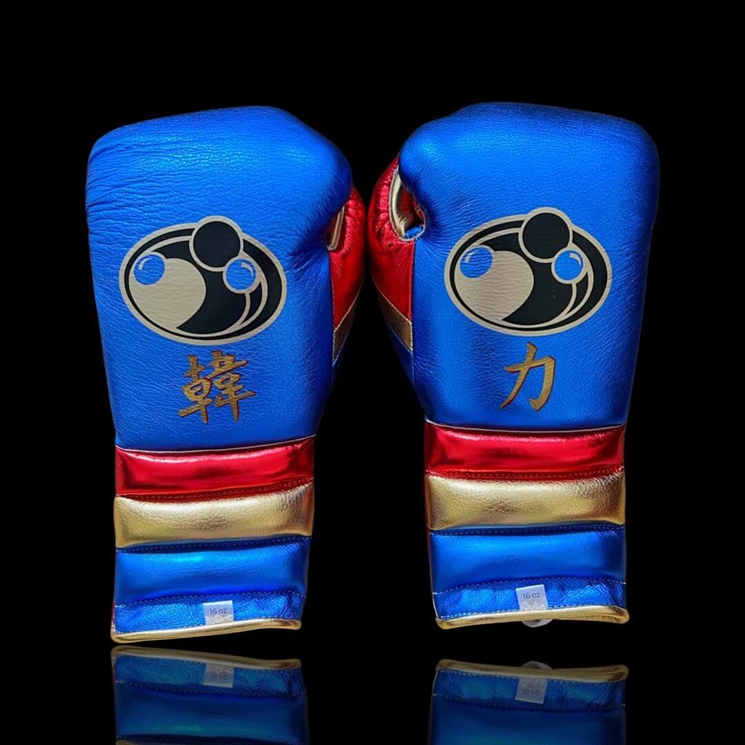 Grant Blue/Red/Gold Leather Boxing Gloves Back View