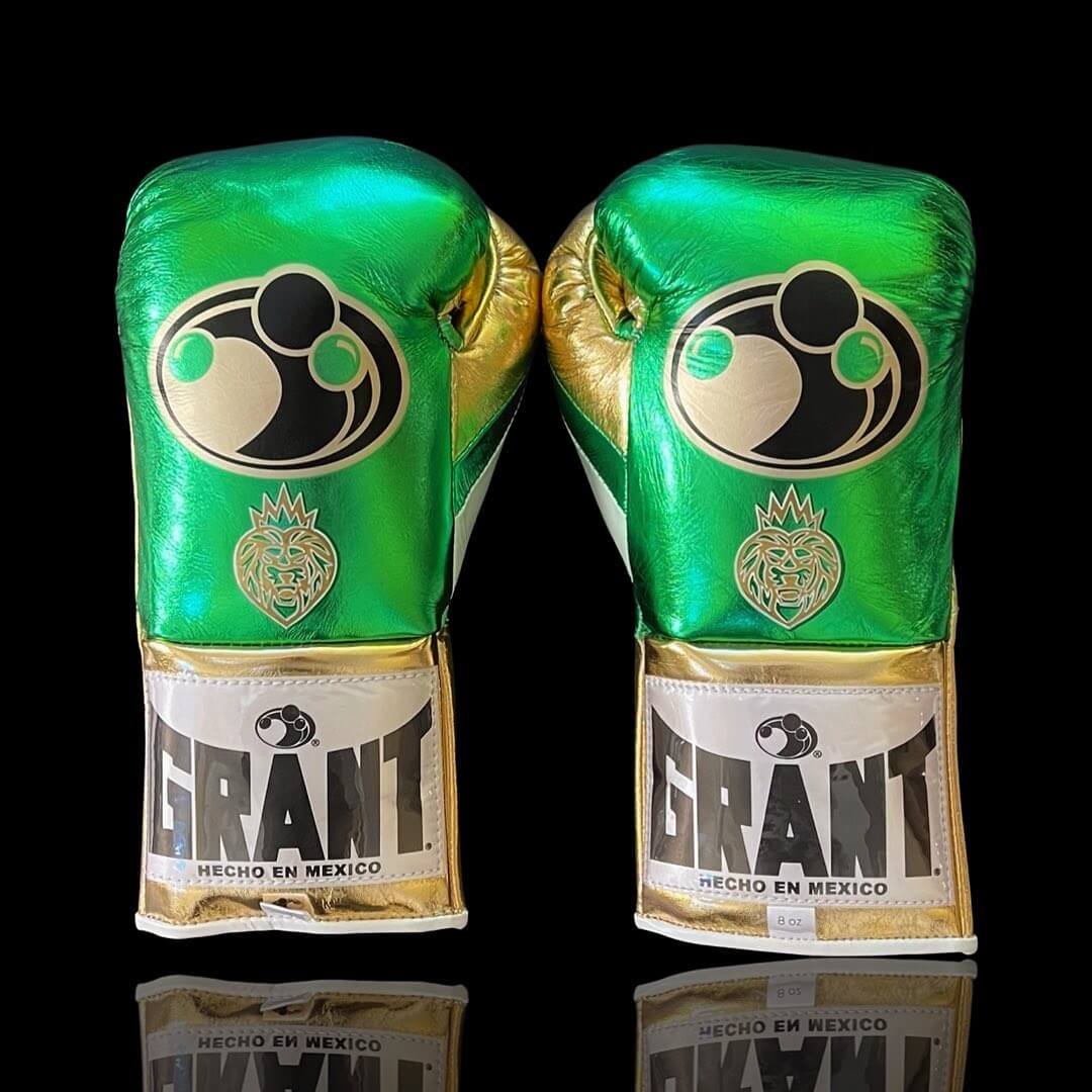 Grant Boxing Gloves Green/Gold 14oz Leather Training Gloves Back View