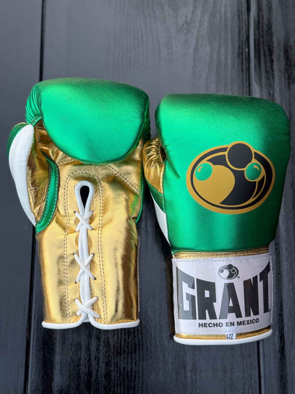 Grant Boxing Gloves Green/Gold/White Padded Leather Training Gloves Front View