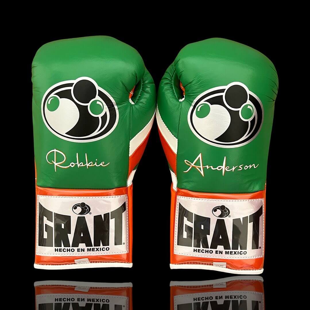 Grant Boxing Gloves Green/Orange/White on Hands Back View