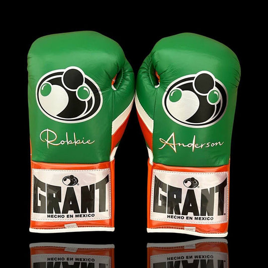 Grant Boxing Gloves Green/Orange/White on Hands Back View