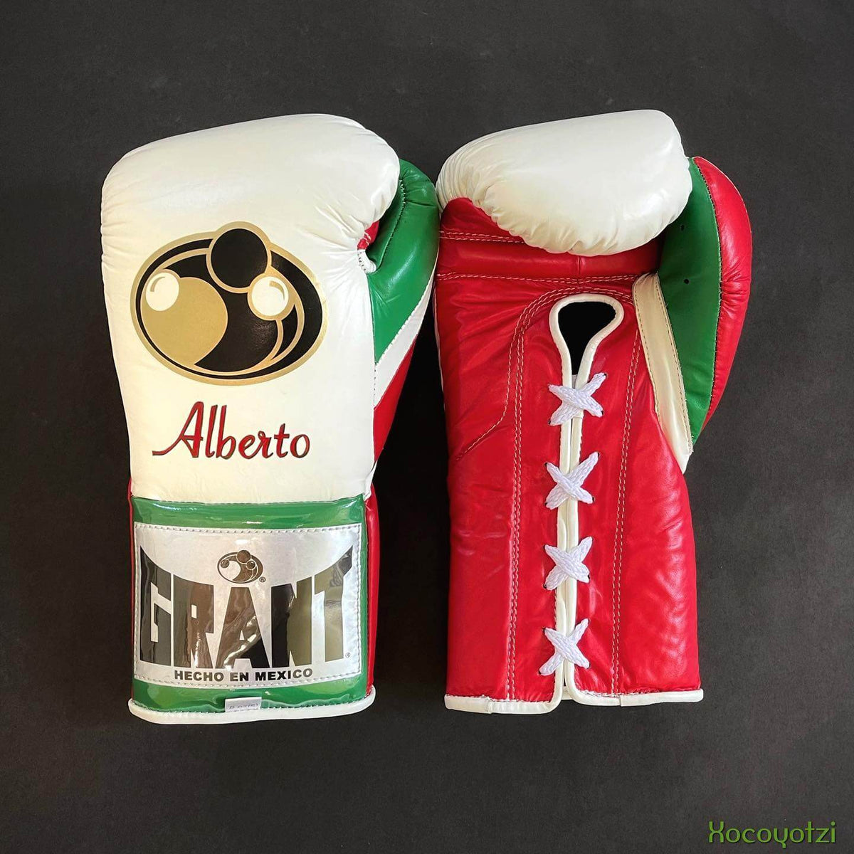 Grant White/Red/Green Lace-Up Boxing Gloves Close Up Detail