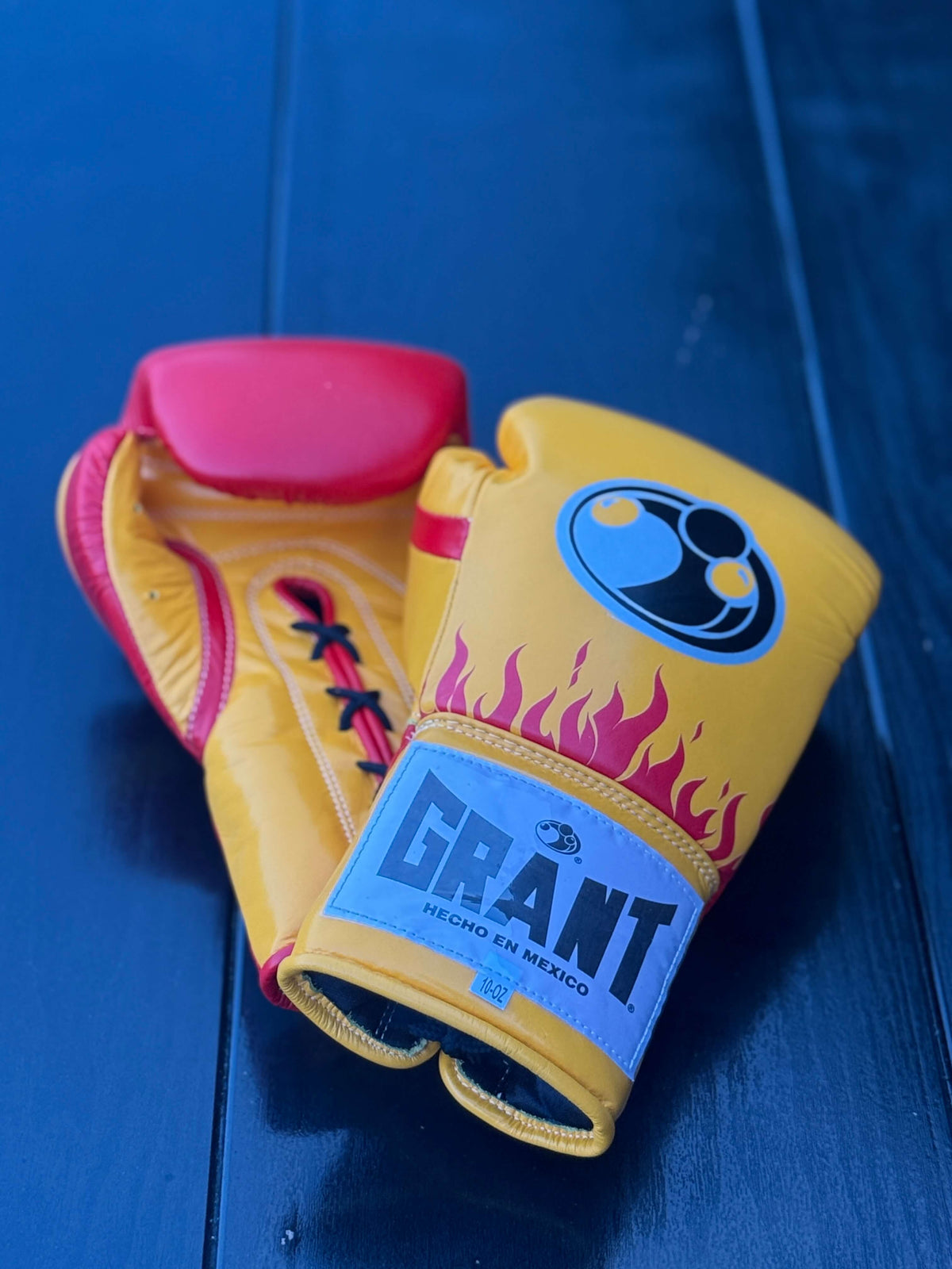 Grant Boxing Gloves Red/Yellow Flame Style Leather Training Gloves Close View