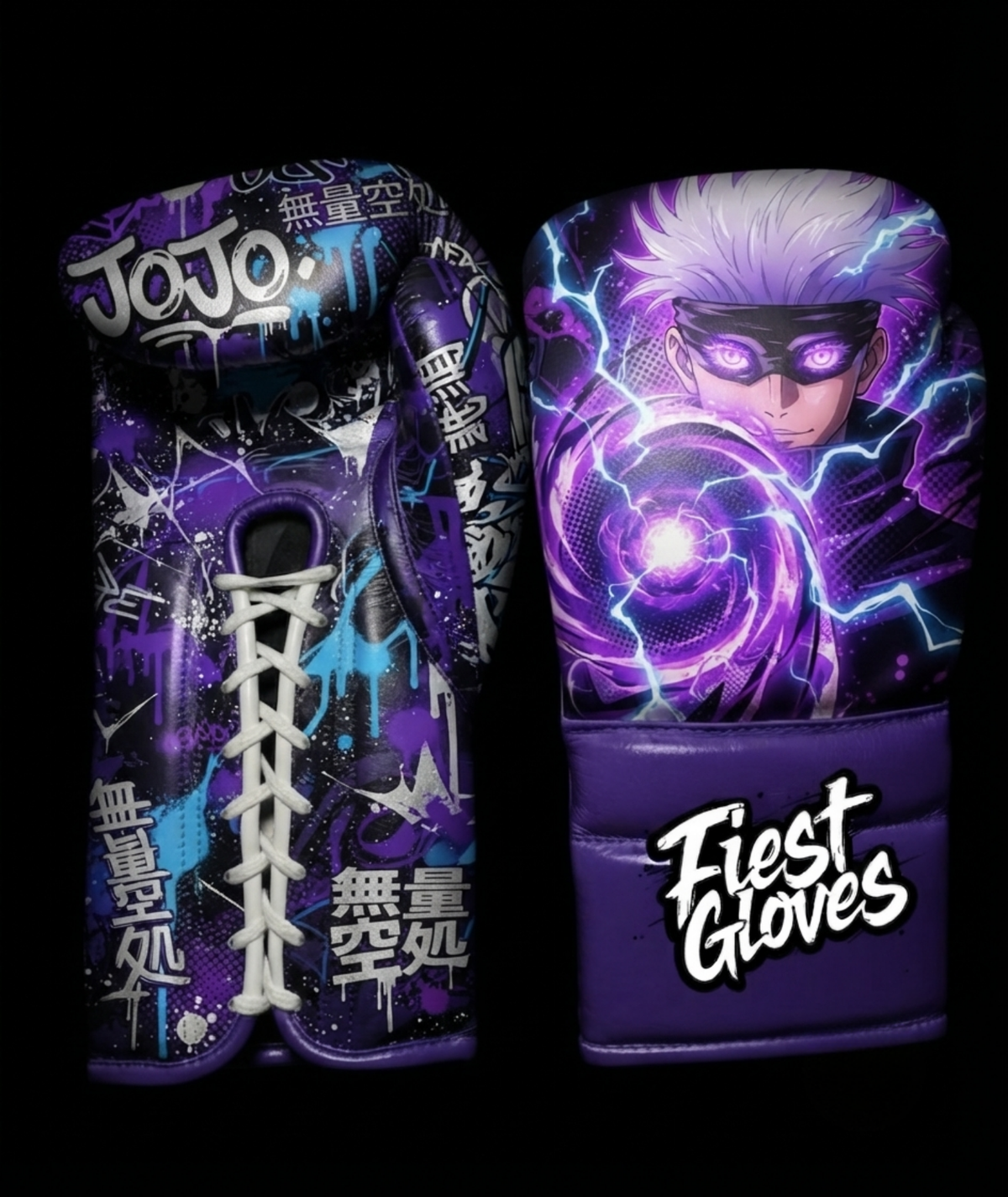 Premium boxing gloves featuring Hollow Purple inspired graffiti artwork with purple and blue anime street art graphics.