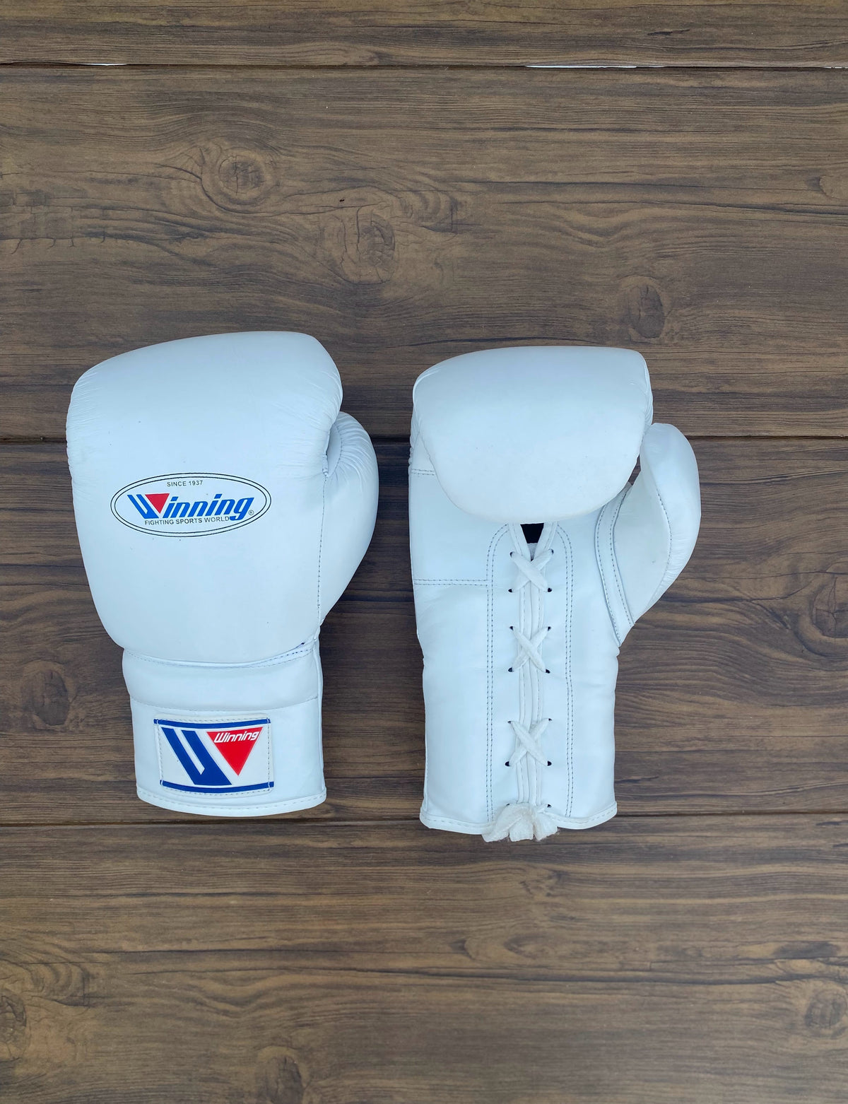 Winning Boxing Set White Lace-Up Gloves Front and Back View
