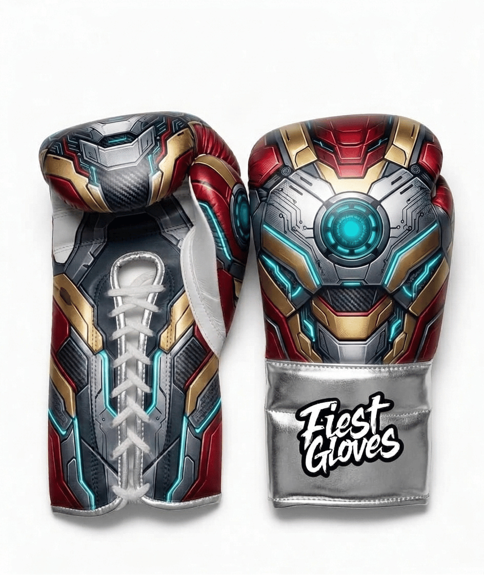 Iron Man inspired arc reactor armor boxing gloves with metallic red and gold futuristic gauntlet graphics on a white background.