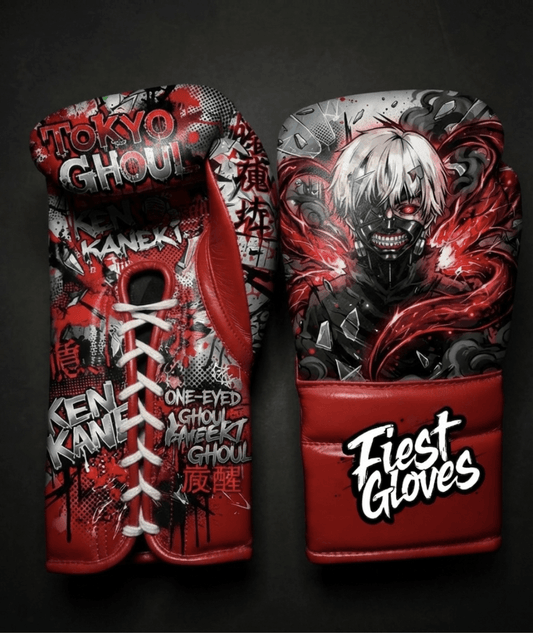 Premium boxing gloves featuring Kagune Rage inspired graffiti artwork with bold anime street art styling.