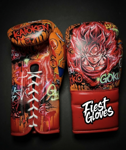 Premium boxing gloves featuring Kaioken Goku inspired graffiti artwork with bold red street art graphics.