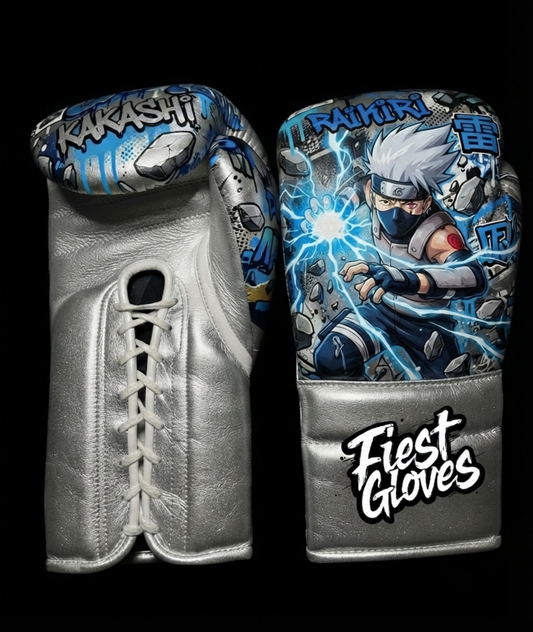 Premium white boxing gloves featuring Kakashi Raikiri inspired graffiti artwork with colorful anime street art graphics.